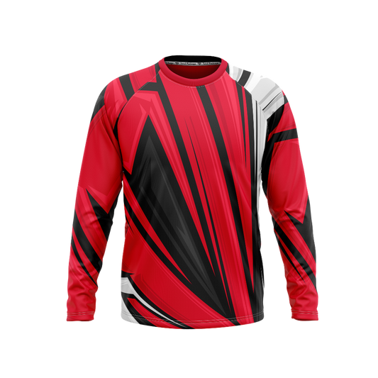 Red, black, and white long-sleeve shirt with geometric pattern on a white background