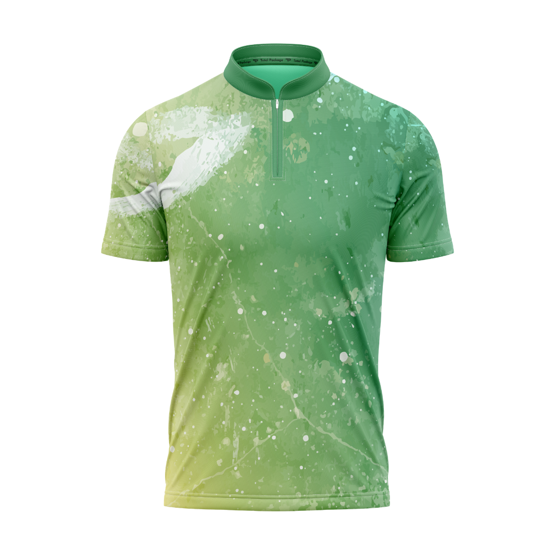Green sports jersey with white abstract pattern on a white background