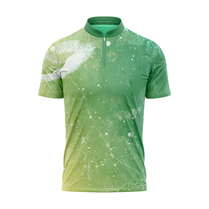 Green sports jersey with white abstract pattern on a white background