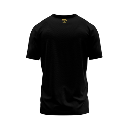 Black t-shirt with a logo on a white background