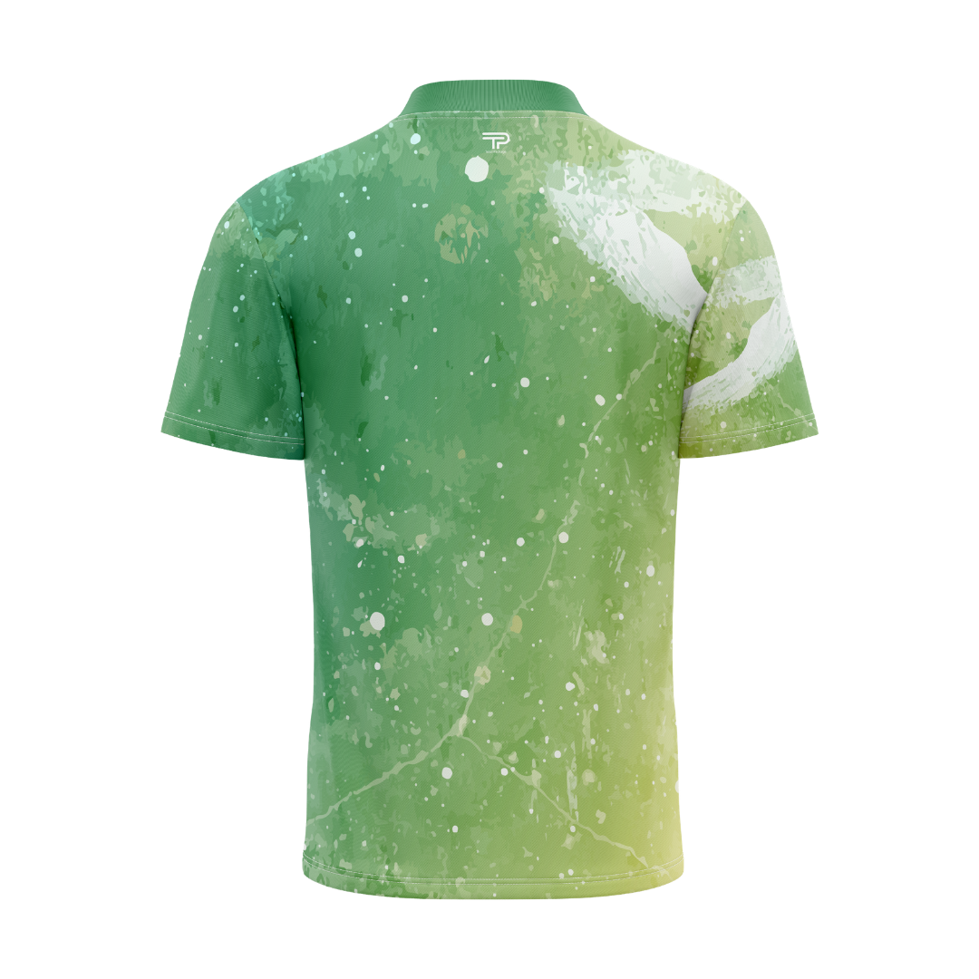 Green and white patterned polo shirt on a white background