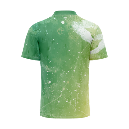 Green and white patterned polo shirt on a white background