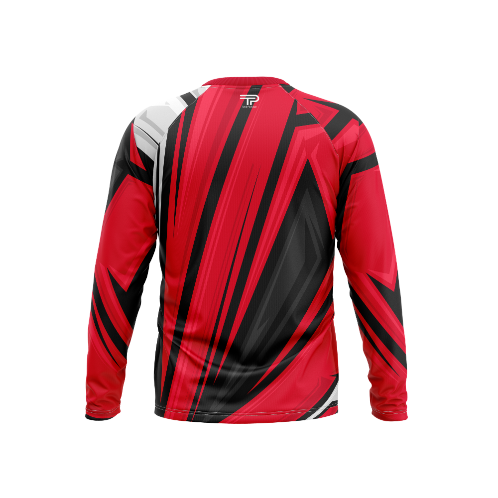 Red, black, and white long-sleeve shirt with a geometric pattern on a white background