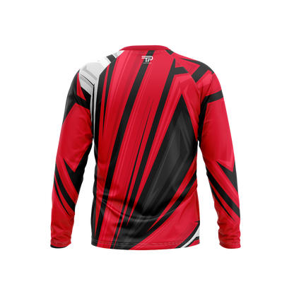 Red, black, and white long-sleeve shirt with a geometric pattern on a white background