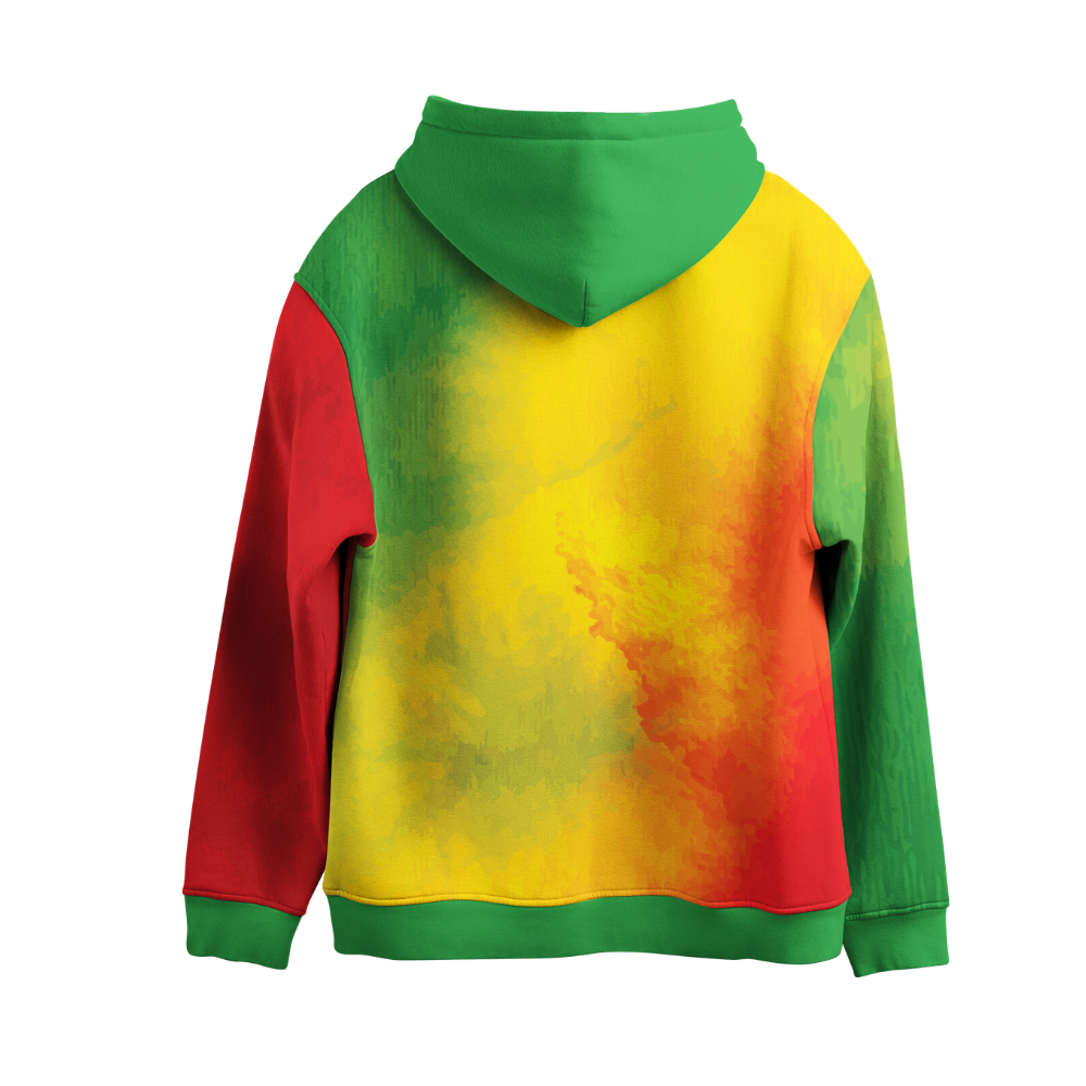 Colorful hoodie with a tie-dye pattern on a white background