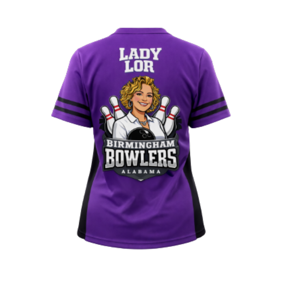 Purple bowling shirt with 'Lady Lor Birmingham Bowlers Alabama' text and graphics on a white background
