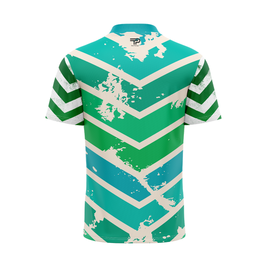 Green and white striped polo shirt with abstract design on a white background