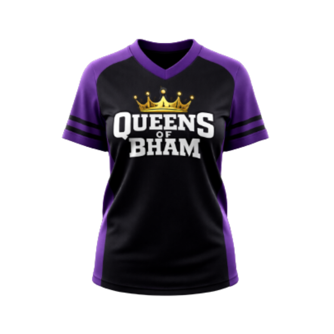 Black and purple sports jersey with 'Queens of Bham' text and crown graphic on a white background