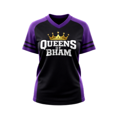 Black and purple sports jersey with 'Queens of Bham' text and crown graphic on a white background