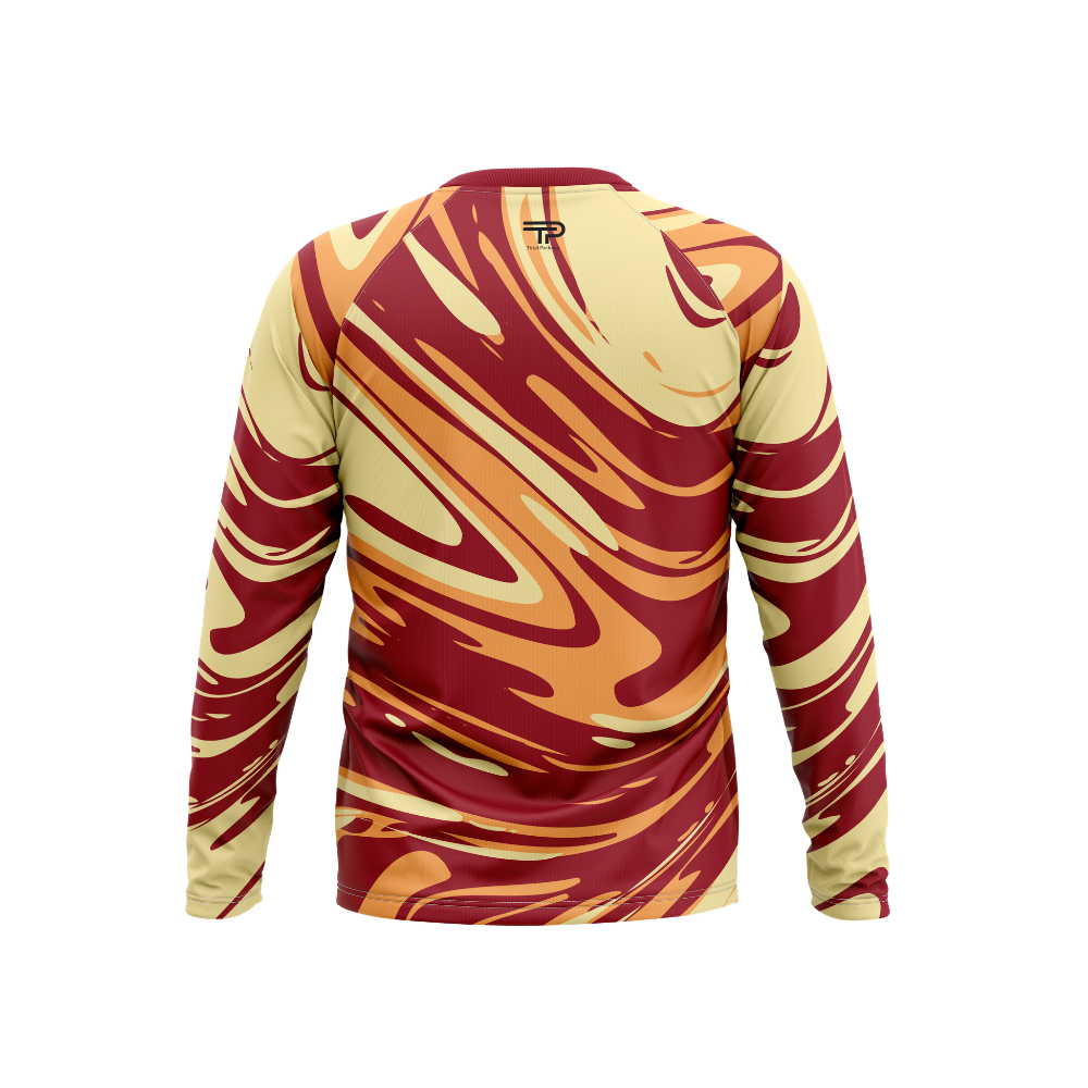 Long-sleeve shirt with red and yellow abstract pattern on a white background