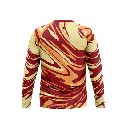 Long-sleeve shirt with red and yellow abstract pattern on a white background