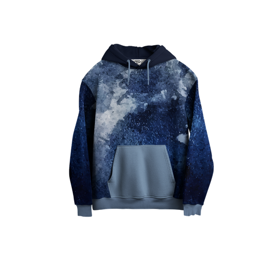 Hoodie with blue and gray gradient design on a white background