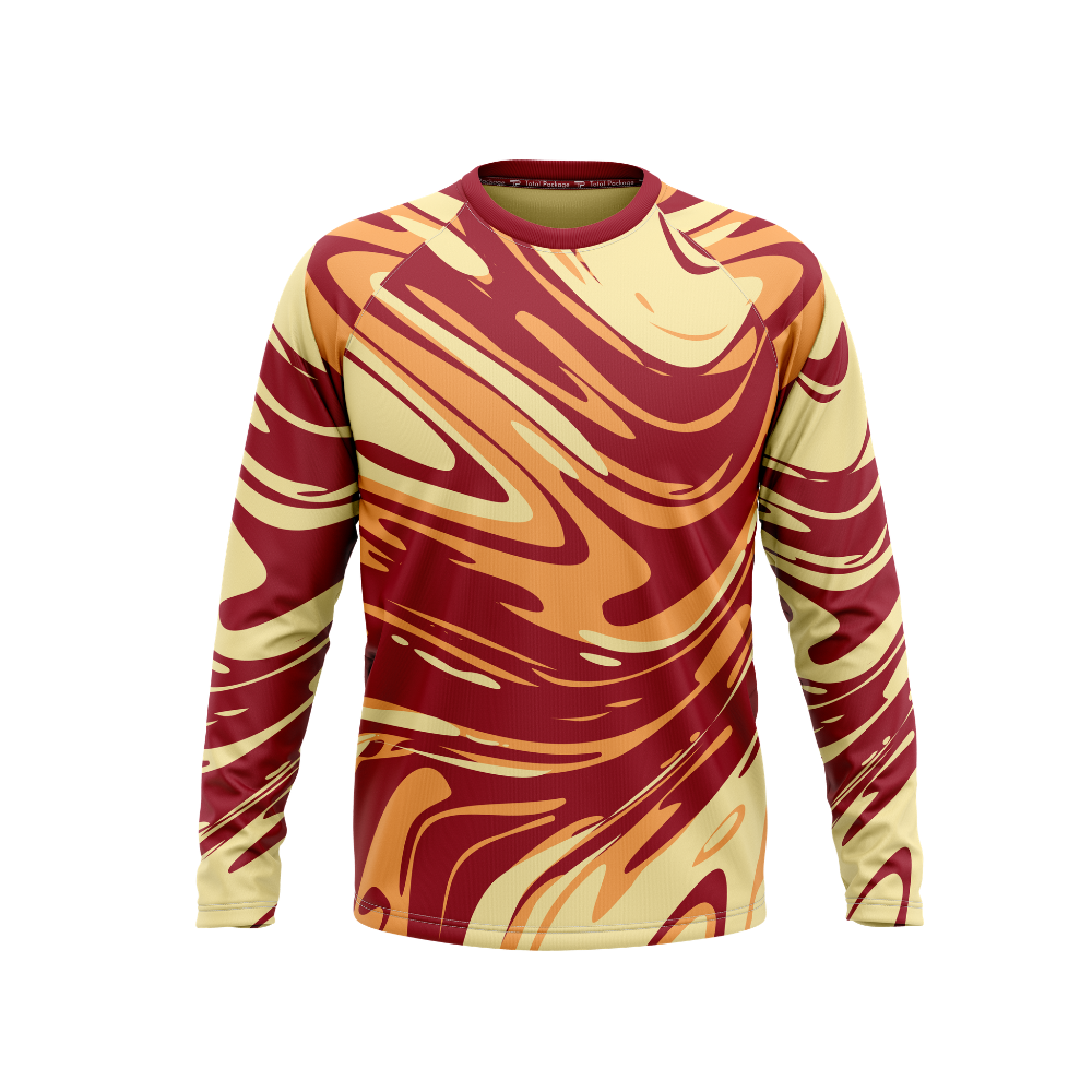 Long-sleeve shirt with red and yellow abstract pattern on a white background