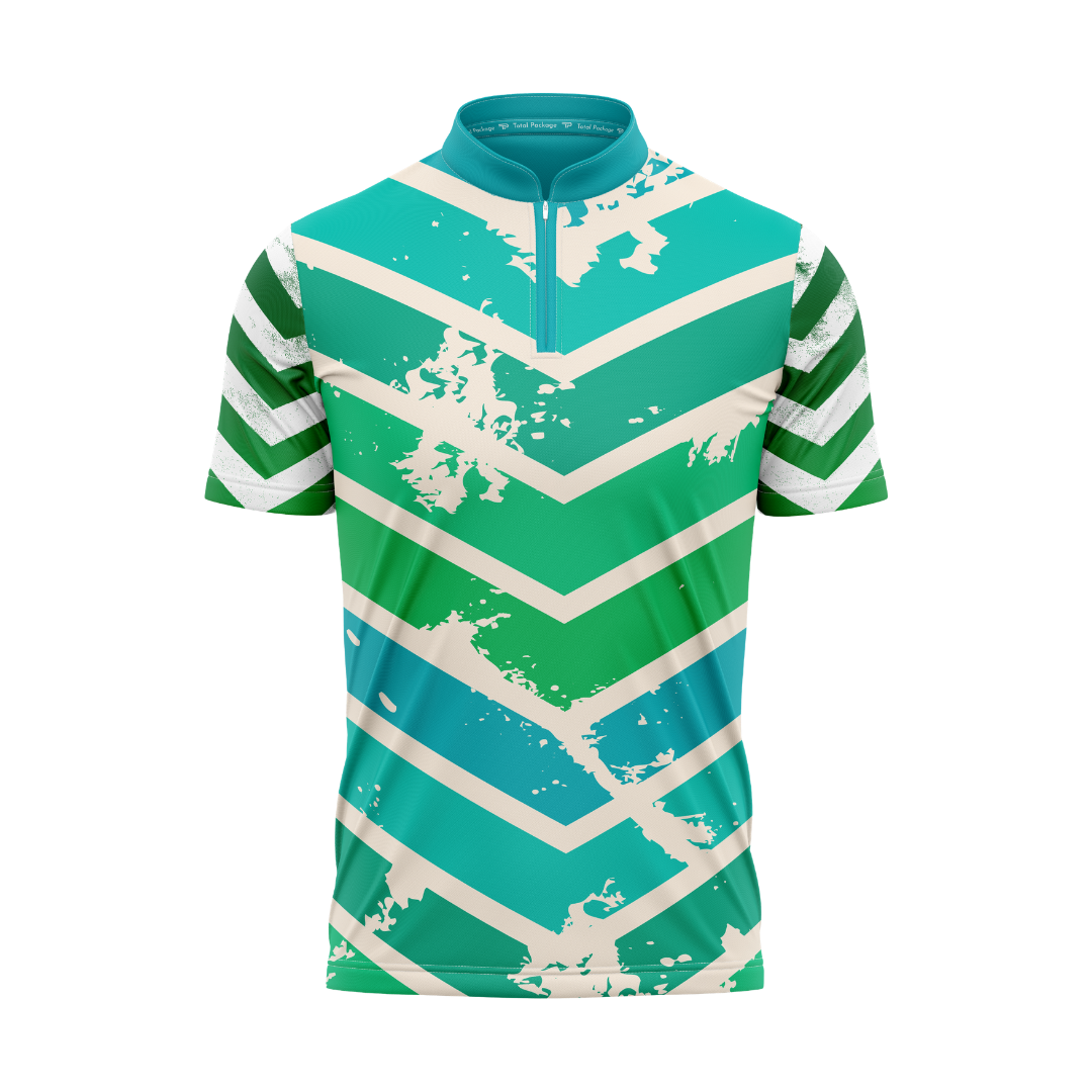 Green and blue striped shirt with white patterns on a white background