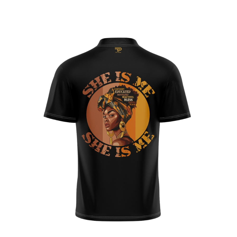 Black t-shirt with a graphic of a woman and text 'She is Me' on a white background