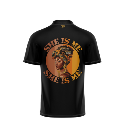 Black t-shirt with a graphic of a woman and text 'She is Me' on a white background