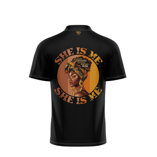 Black t-shirt with a graphic of a woman and text 'She is Me' on a white background
