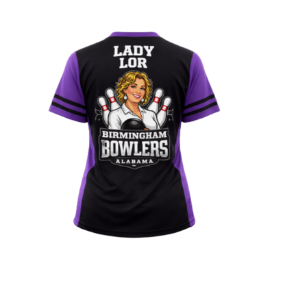 Bowling jersey with 'Lady Lor Birmingham Bowlers Alabama' design on a white background