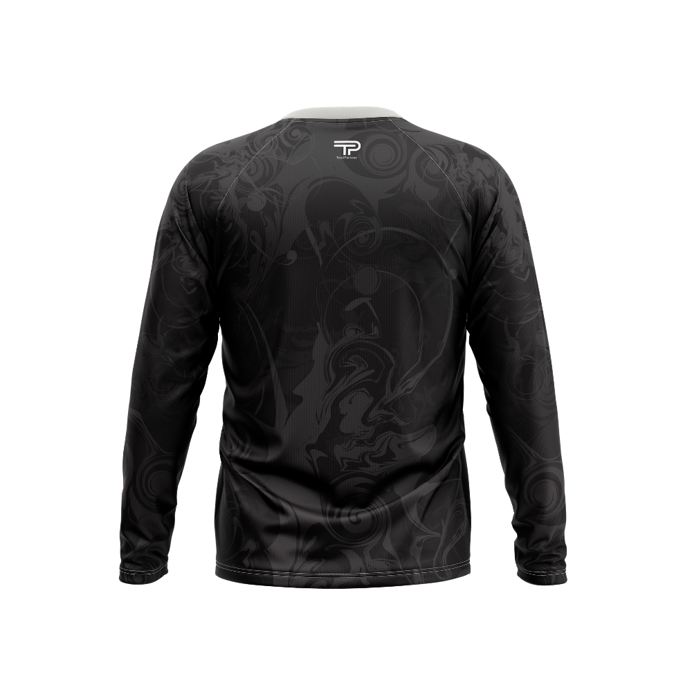 Black long-sleeve shirt with intricate designs on a white background