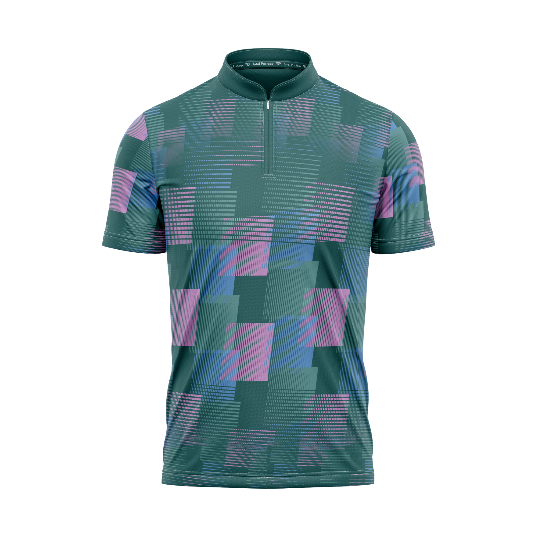 Green and purple patterned shirt on a white background