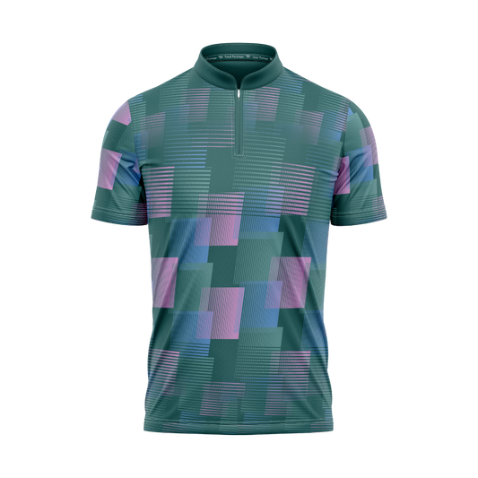 Green and purple patterned shirt on a white background