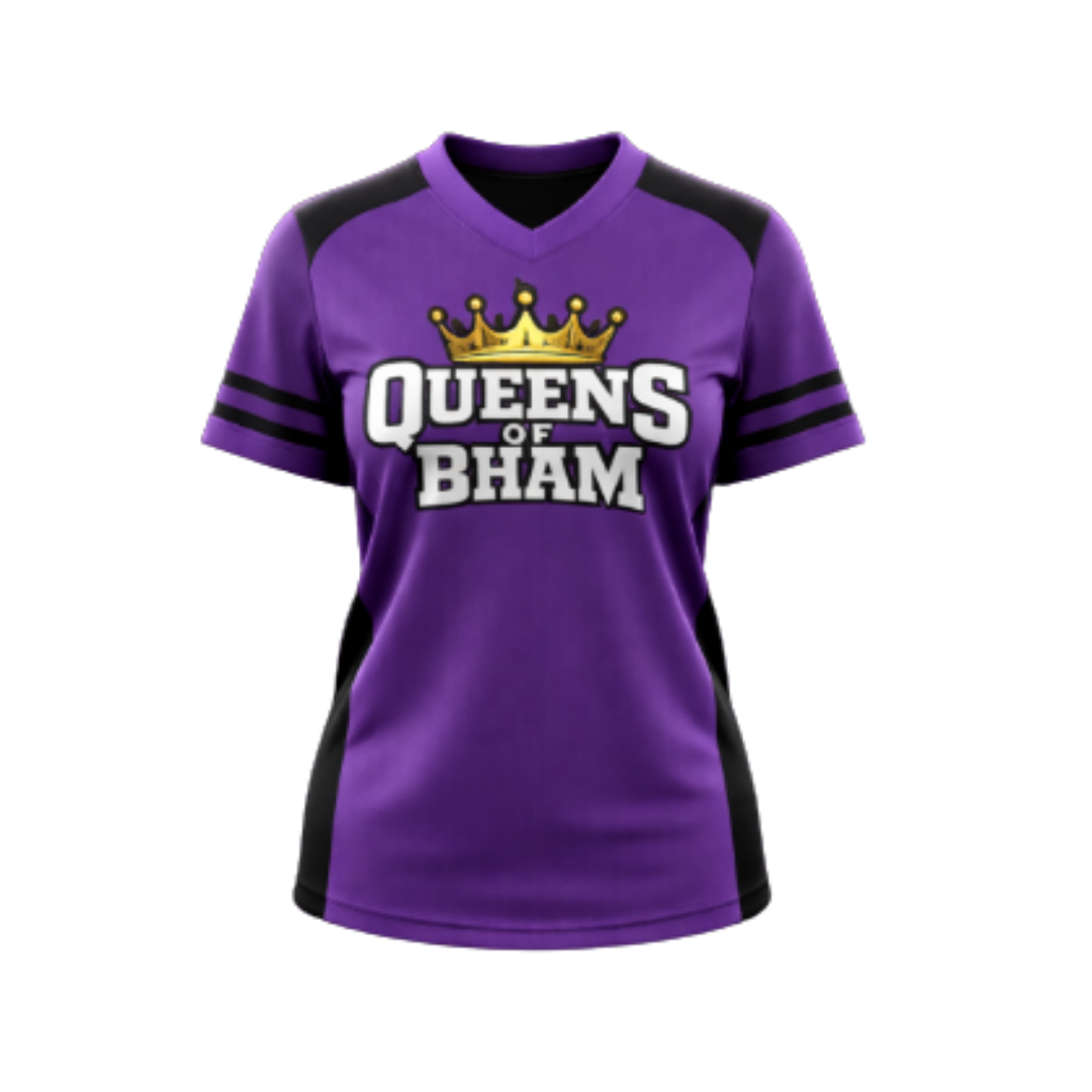 Purple sports jersey with 'Queens of Bham' text and crown graphic on a white background
