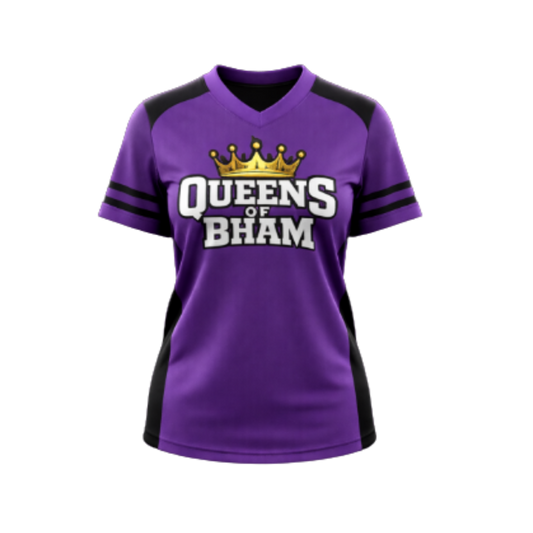 Purple sports jersey with 'Queens of Bham' text and crown graphic on a white background