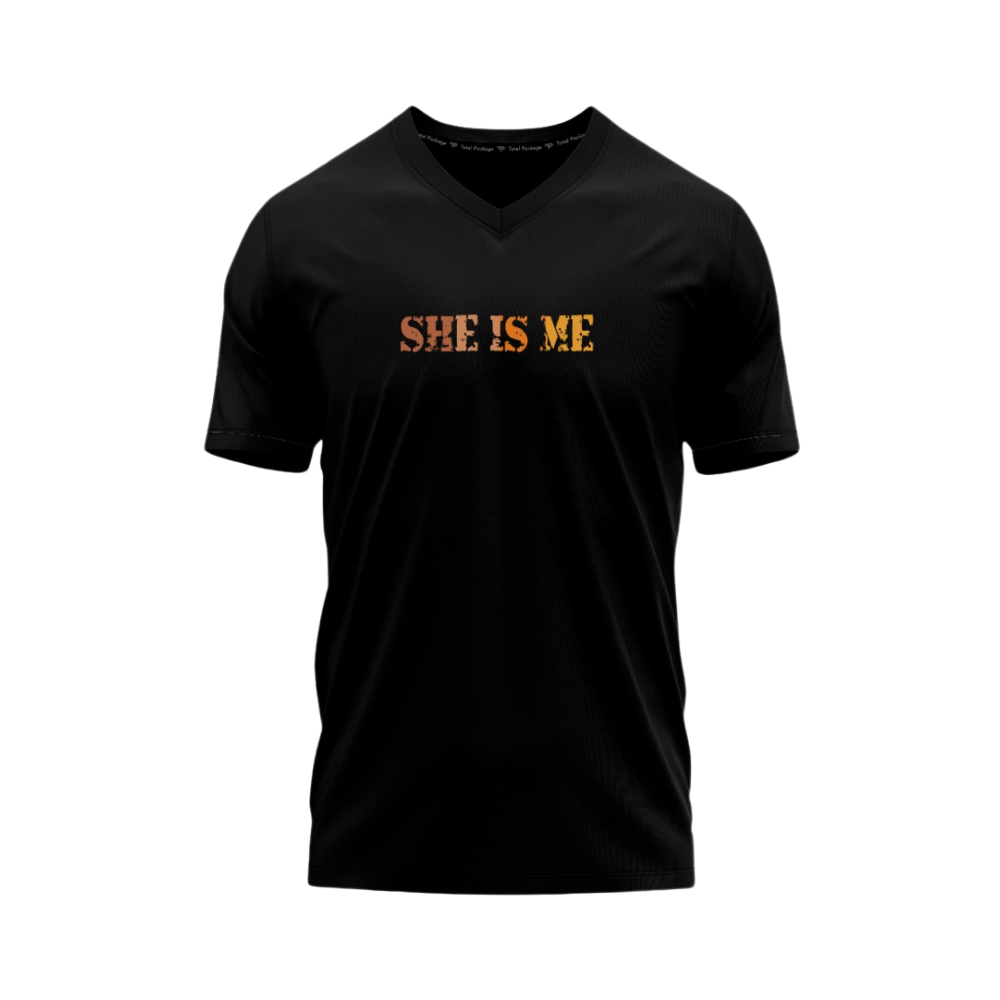Black V-neck t-shirt with 'SHE IS ME' text in orange on a white background