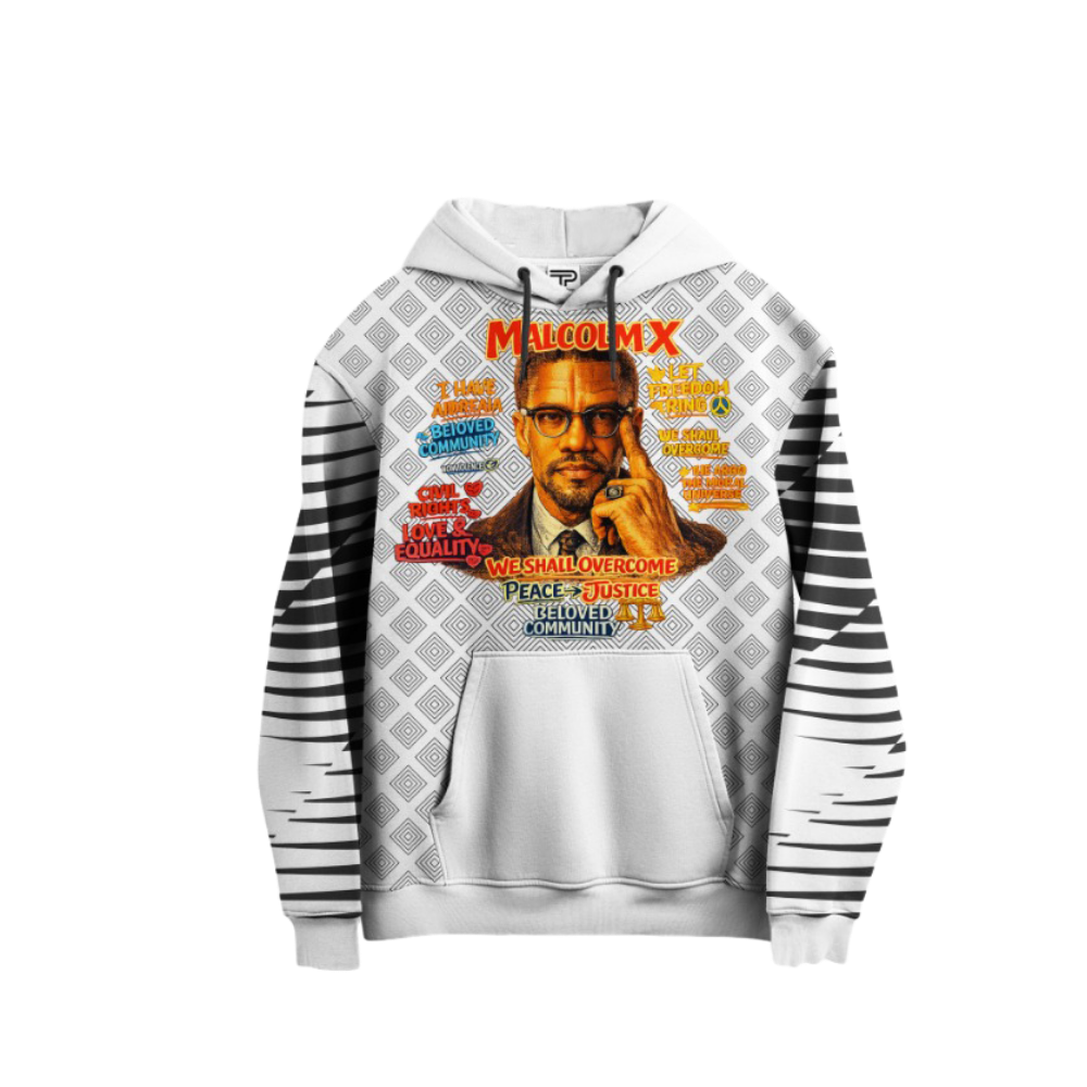 Hoodie with Malcolm X graphic design on a white background