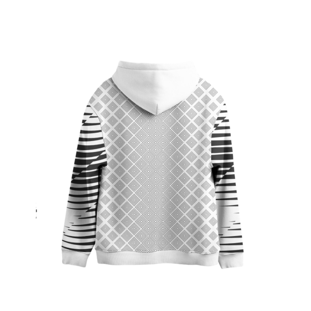 Hoodie with geometric pattern and striped sleeves on a white background