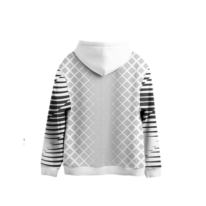 Hoodie with geometric pattern and striped sleeves on a white background