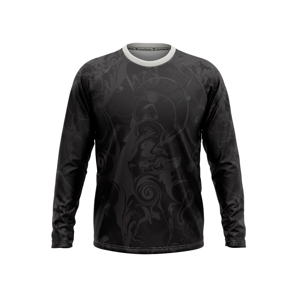 Black long-sleeve shirt with intricate design on a white background