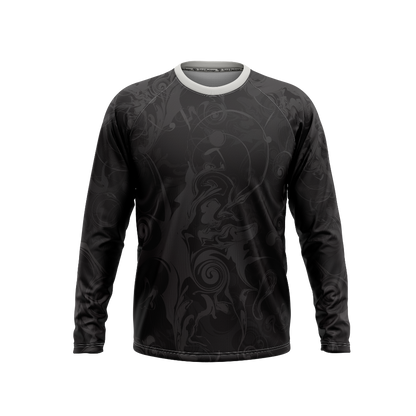 Black long-sleeve shirt with intricate design on a white background