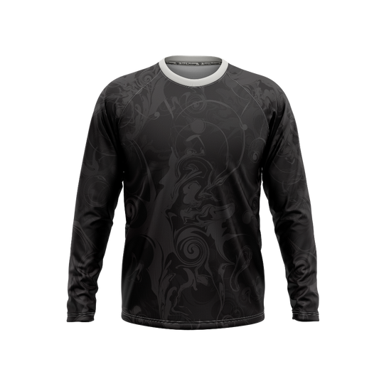 Black long-sleeve shirt with intricate design on a white background