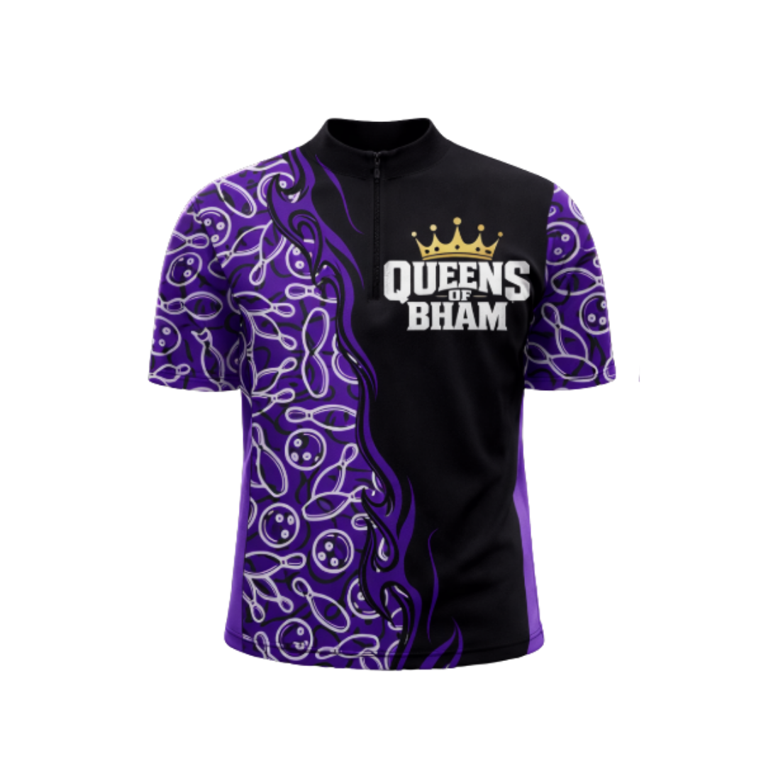 Black and purple sports jersey with 'Queens of Bham' text on a white background