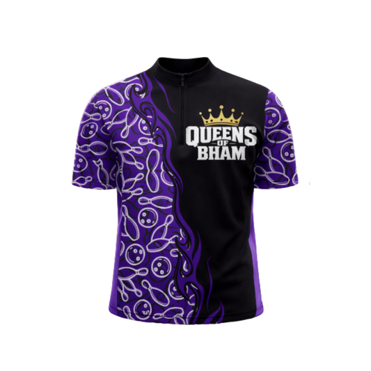 Black and purple sports jersey with 'Queens of Bham' text on a white background