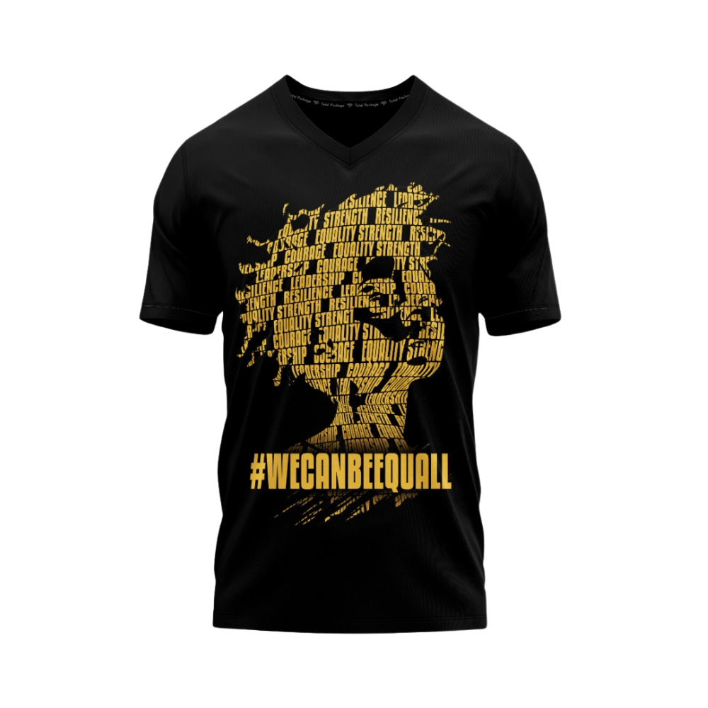 Black V-neck t-shirt with yellow graphic design and text on a white background