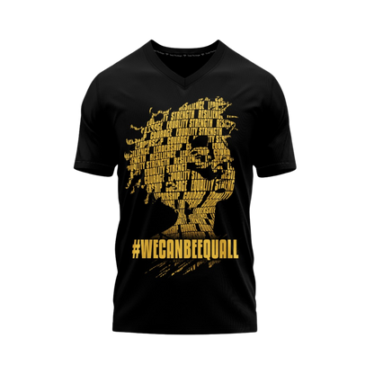 Black V-neck t-shirt with yellow graphic design and text on a white background