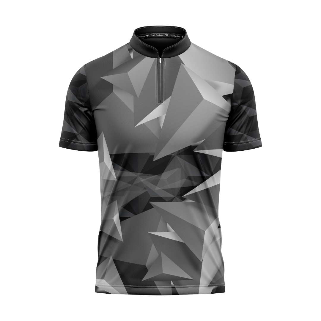 Black and gray geometric patterned shirt on a white background