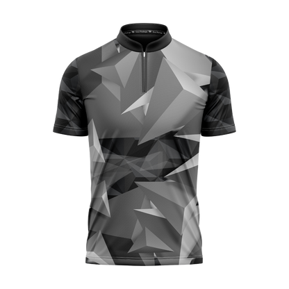 Black and gray geometric patterned shirt on a white background