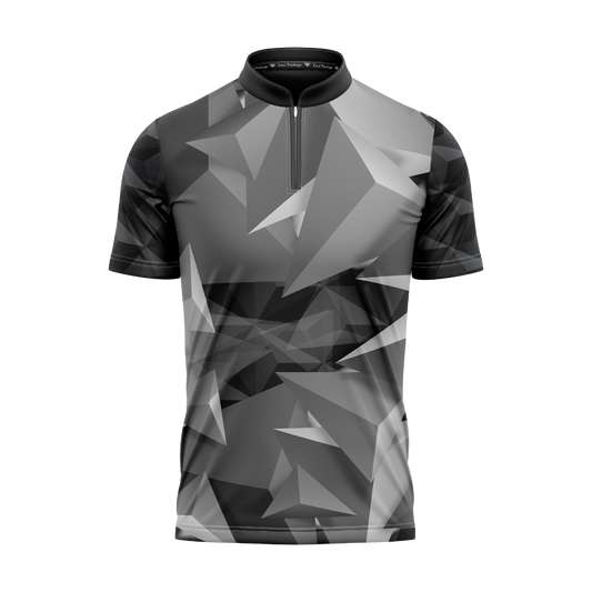 Black and gray geometric patterned shirt on a white background