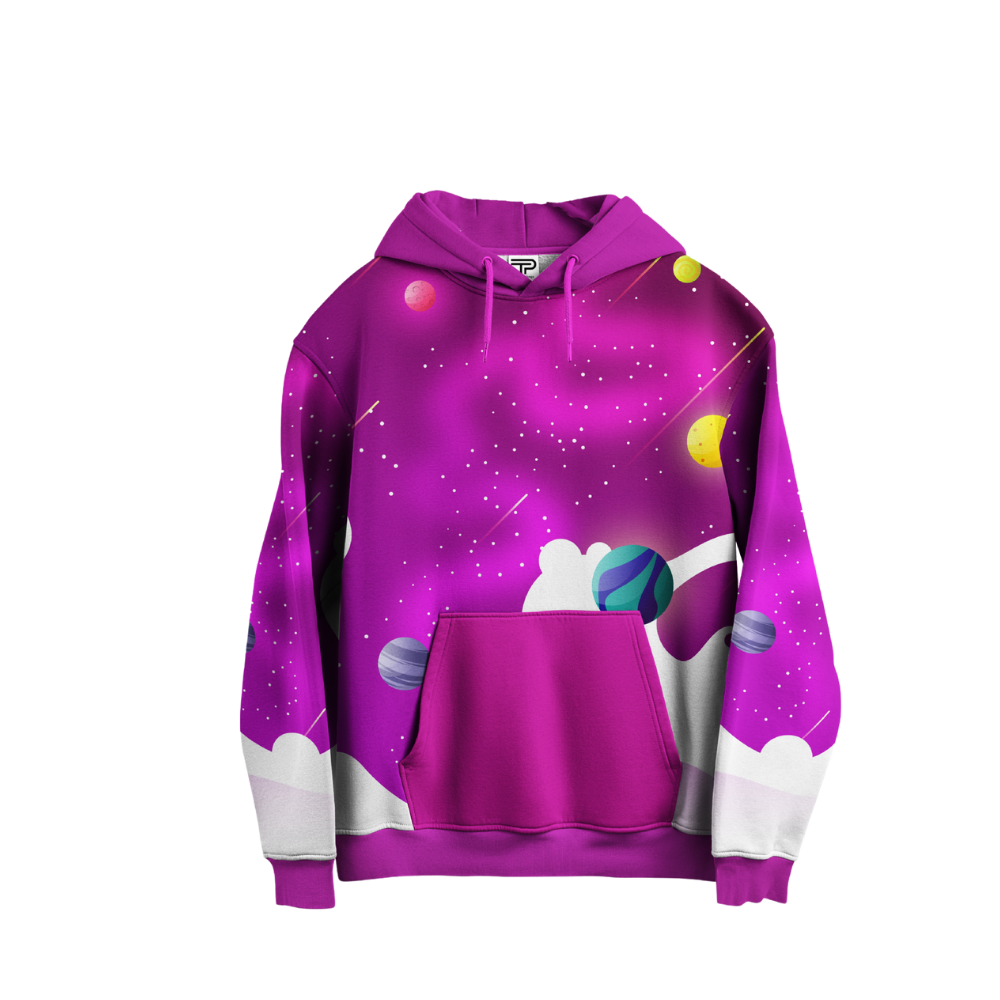 Purple hoodie with space-themed design on a white background