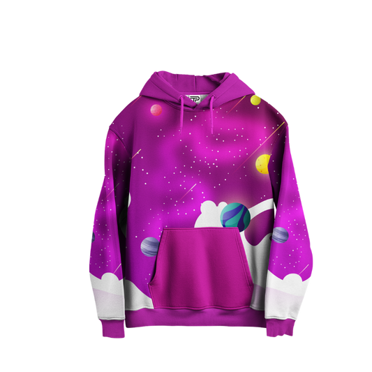 Purple hoodie with space-themed design on a white background
