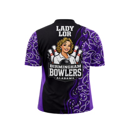 Bowling jersey with 'Lady Lor' and 'Birmingham Bowlers Alabama' text on a white background