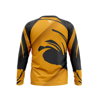 Yellow and black long-sleeve shirt with a logo on a white background