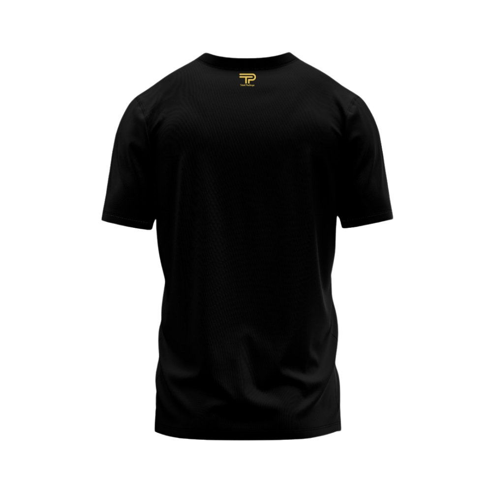 Black t-shirt with a logo on a white background