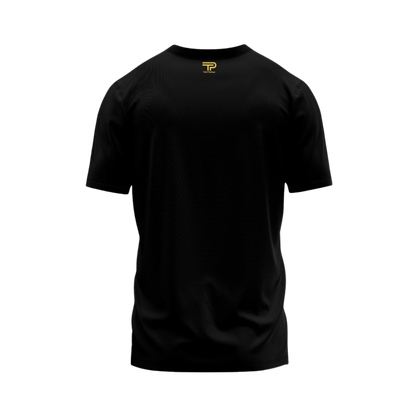 Black t-shirt with a logo on a white background