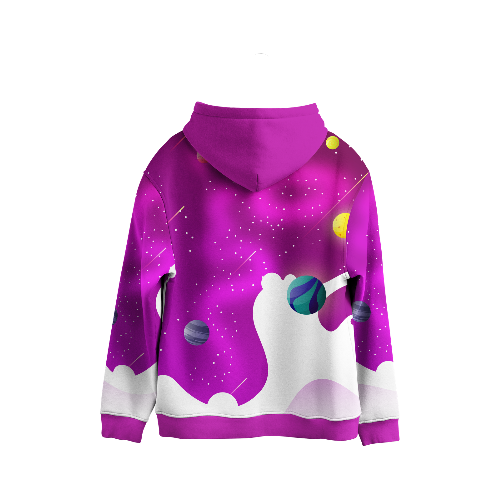 Purple hoodie with space-themed design on a white background