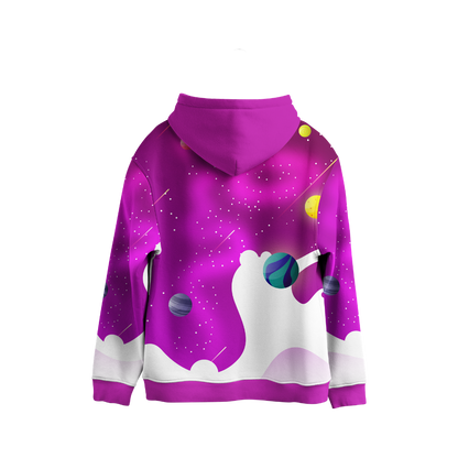 Purple hoodie with space-themed design on a white background