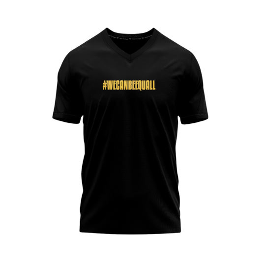 Black V-neck t-shirt with yellow '#WECANBEEQUELL' text on a white background